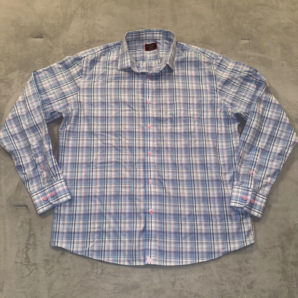 UNTUCKit Tiziano WF Plaid Button Down Shirt Mens XL Blue Pink Wrinkle Free 40607